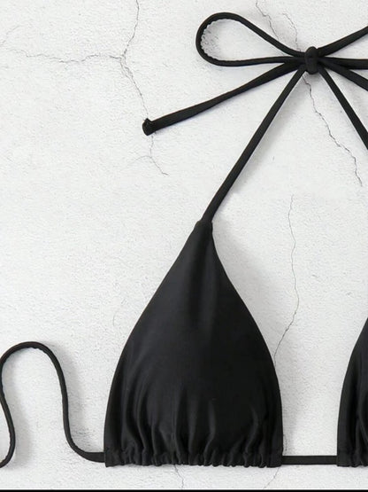 2025 New Bikini Set Women Sexy Simple Solid White/Black/Coffee Halter Bikini Swimsuit Lace Up Brazilian Beach Bathing Suit