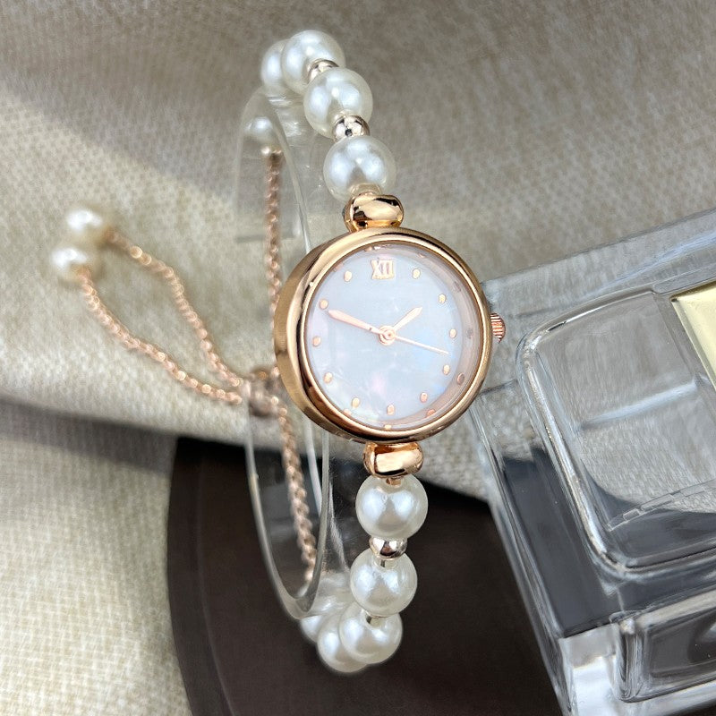 French Romantic Pearl Pull Cord Handheld Watch Elegant Small Fashion Bracelet Quartz Wristwatch Stylish Portable Timepiece