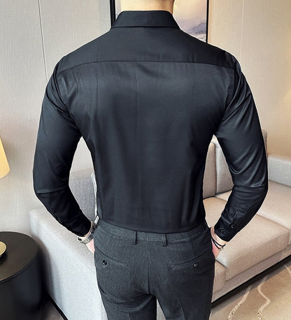 Seamless silk business casual shirt, long sleeved white non ironing elastic silk sliding cross shirt, men's formal wear