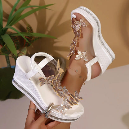 Women High Heel Wedge Sandals Platform Fashionable Butterfly Sandals Decoration Rhinestones Popular Among Toe Shoes for Women