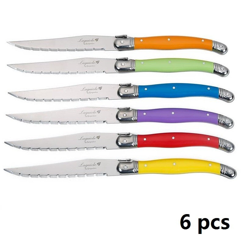 Conjunto de Facas de Churrasco Laguiole em Aço Inoxidável 6/7 Peças, Facas de Churrasco com Suporte de Madeira, Faca de Jantar de Aço, Conjunto de Talheres Coloridos de Natal