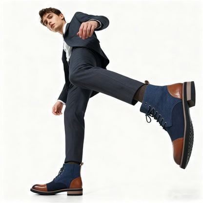Men's Leather Lace - up Ankle Boots Retro Color - Block Formal Casual Boots Comfortable Non - slip Dress Boots For Daily Wear
