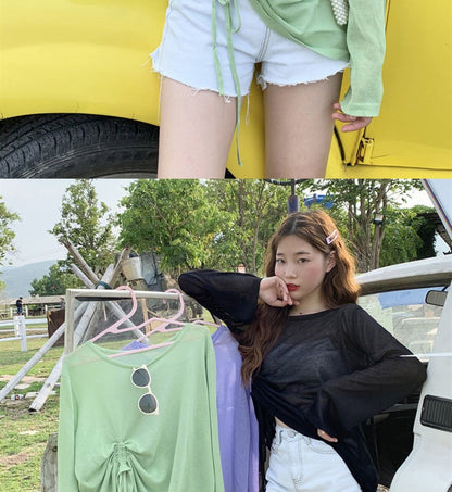 Women's 2025 Women's Summer New Beach Long sleeved Sunscreen Jacket Loose Hoodie Drawstring Upward Shirt