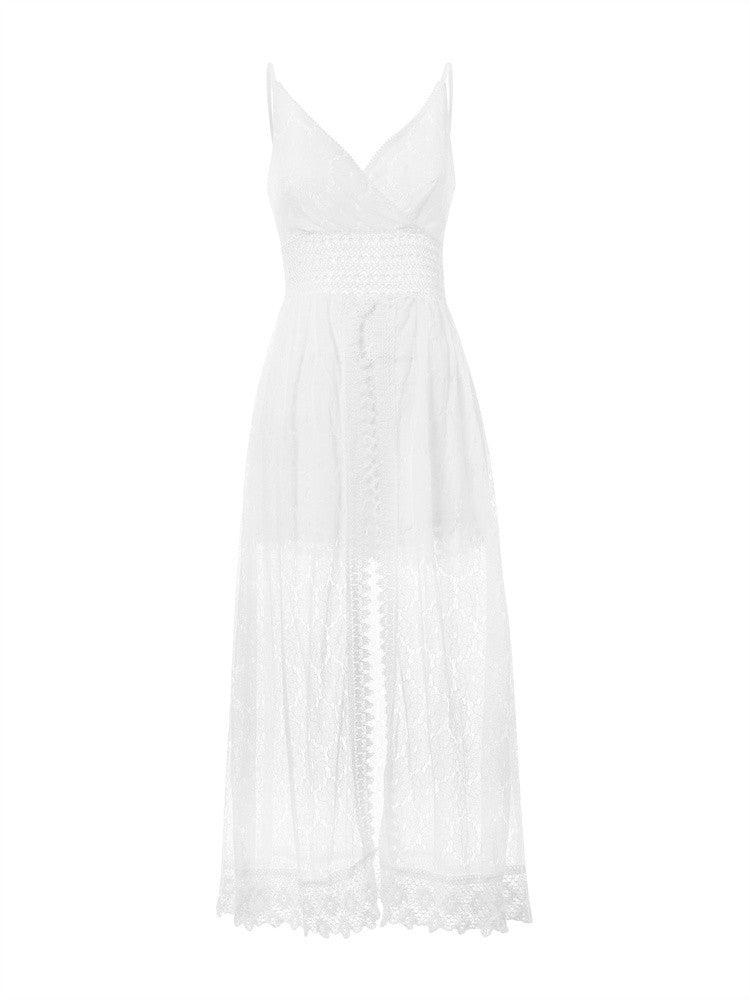 2025 Summer Women Lace Playsuit Dress Sleeveless V Neck Hollow Out Irregular Mid