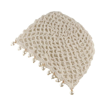Fashion Round Beads Knitted Hat Crochet Pearl Fringed Woven for Women Travel Versatile Hollow Breathable Retro Beanies Cap