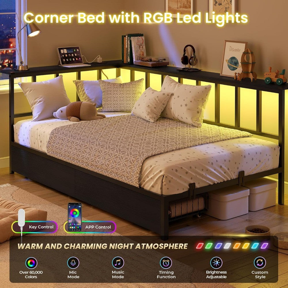 Corner Twin Bed Frame with 2 Storage Drawers and Charging Station,Metal Twin Size Platform Bed Frame with Storage Shelves
