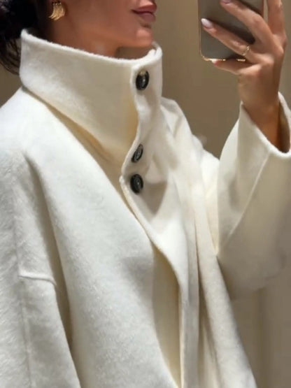 Elegant Stand Collar Long Coat Women Retro Chic Loose Single Breasted White Tweed Coats Lady 2025 Winter Casual Street Overcoats