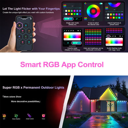 LED Permanent Outdoor Lights IP65 Waterproof RGBIC Eave Lights With Remote for Christmas New Year Roof DIY Holiday String Light