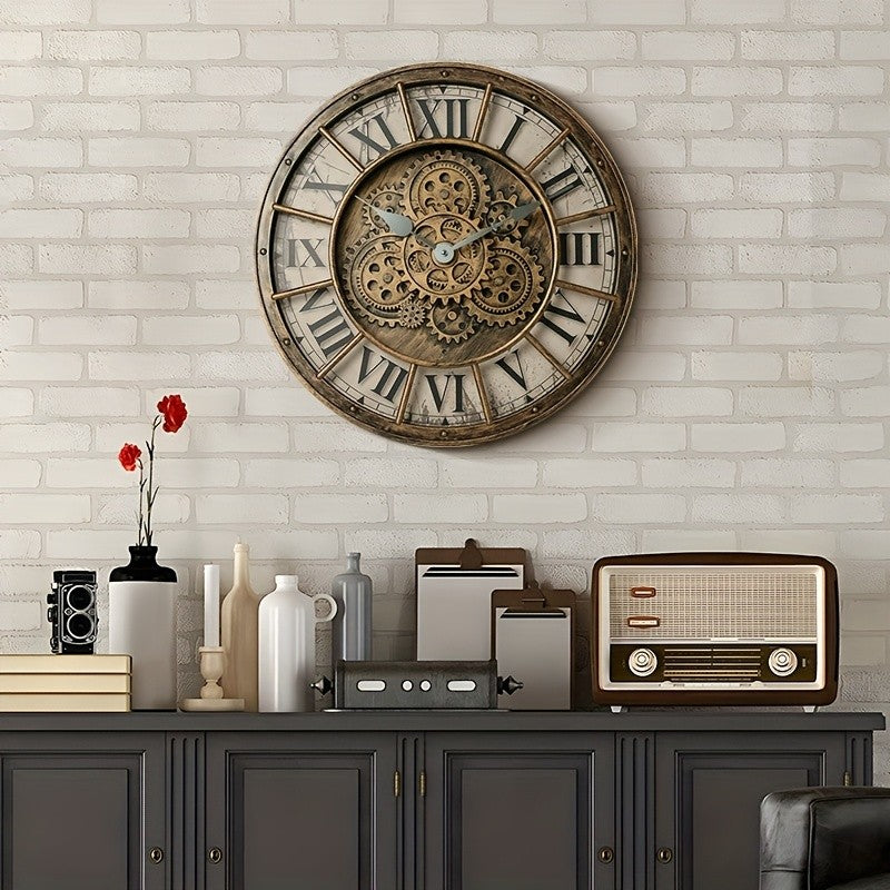 46cm Real Moving Gears Wall Clock Large Industrial Steam Punk Roman Numeral Wall Clock Living Room Home Decoration Quartz Clock