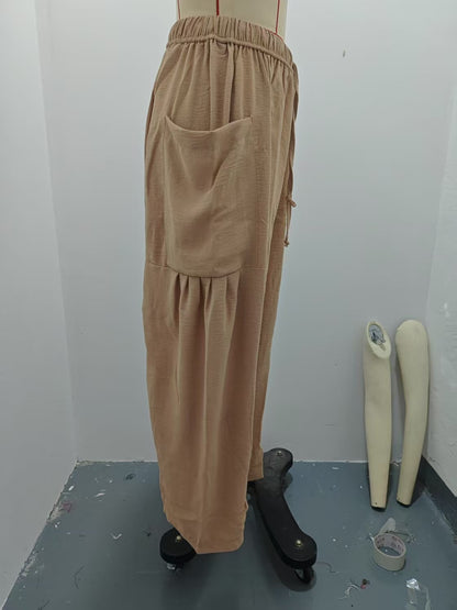 Women's Stretched-waist Pleated High-waisted Wide-leg Trousers Spring Autumn Fashion Cotton Linen Pocket Casual Trousers Woman