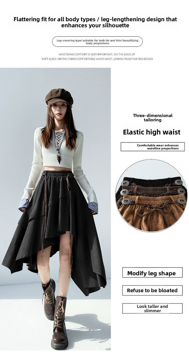Caramel Suede Half-length Skirt Women's Autumn Winter New Irregular Belt Slim A- Line Midi Umbrella Skirt Comfortable Casual S .