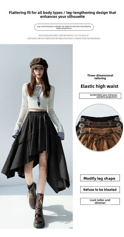 Caramel Suede Half-length Skirt Women's Autumn Winter New Irregular Belt Slim A- Line Midi Umbrella Skirt Comfortable Casual S .