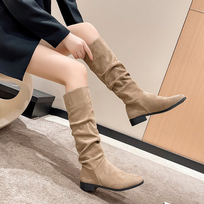 Pleated Boots Women Faux Suede Flock Knee High Boots 2024 Winter Women Fashion Slip on Square Low Heel Knight Booties Mujer 202