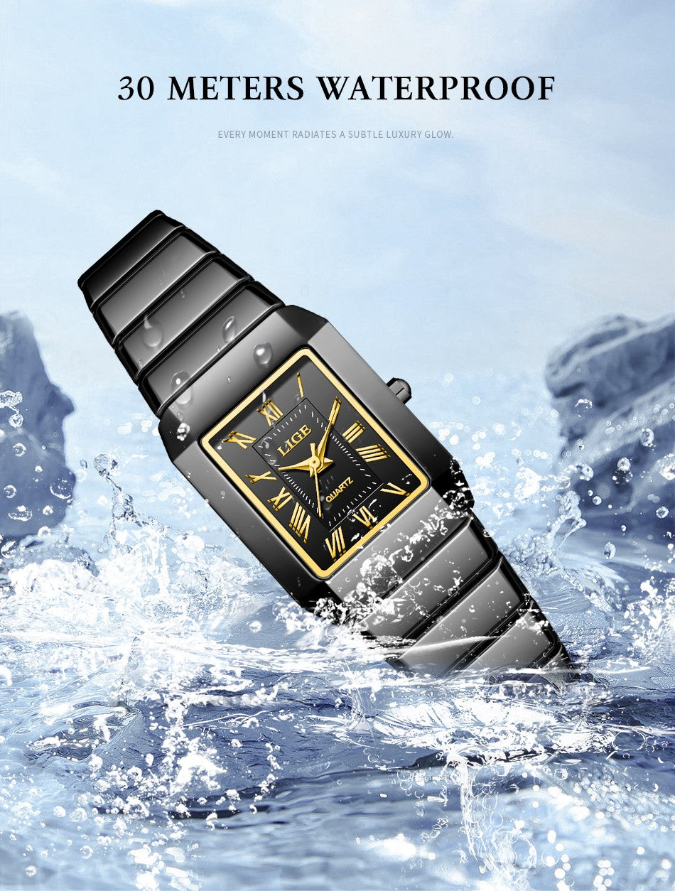 LIGE New Black Watch Women Fashion Creative Square Stainless Steel Ladies Waterproof Watches Elegant Bracelet Quartz Wristwatch