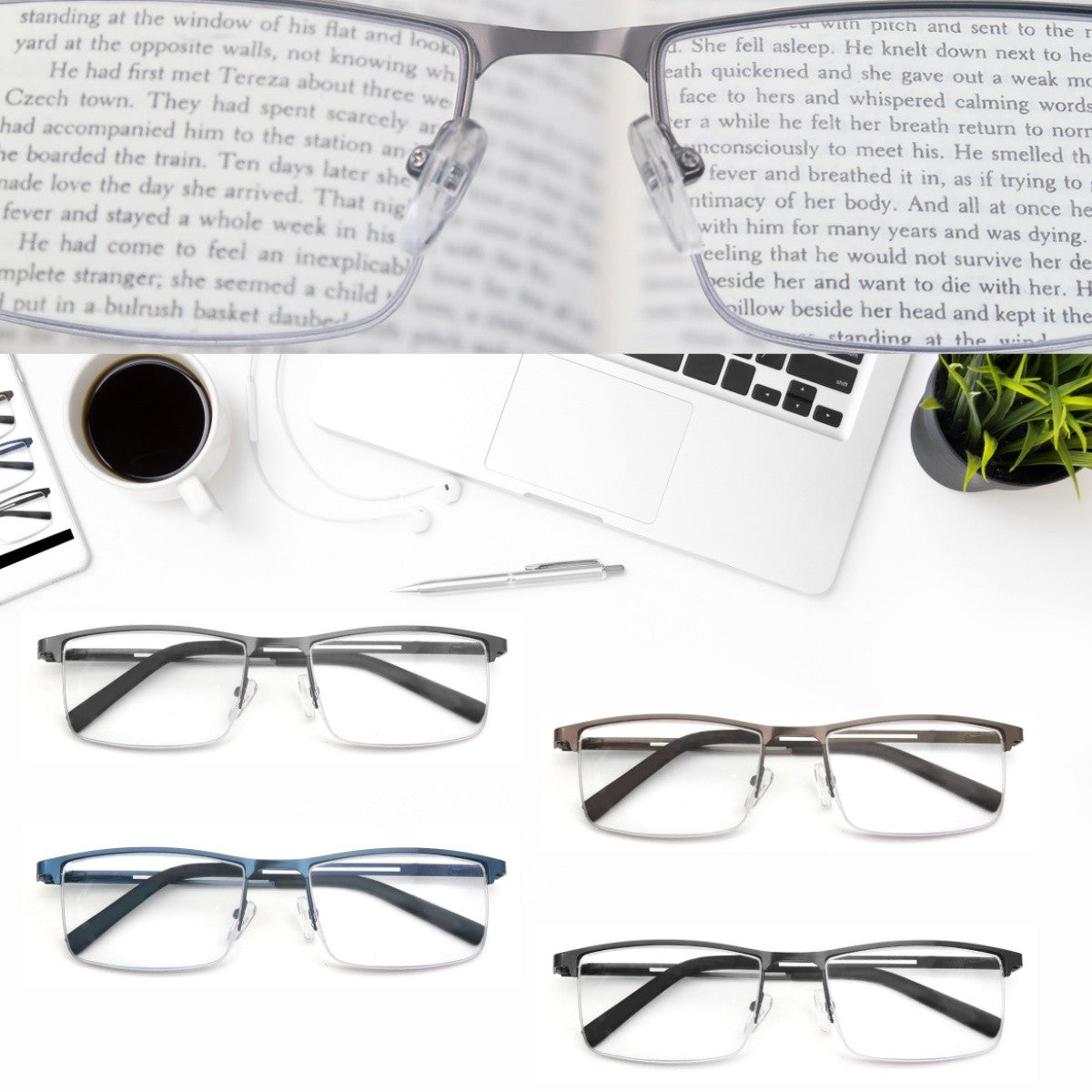 Blue Light Reading Glasses Men Computer Readers Anti Glare Metal Frame with Spring Hinge UV400 Protection Eye Strain Relief