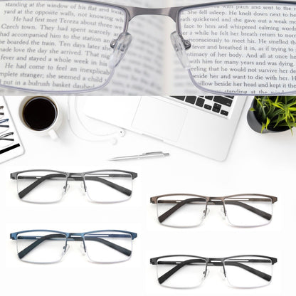 Blue Light Reading Glasses Men Computer Readers Anti Glare Metal Frame with Spring Hinge UV400 Protection Eye Strain Relief