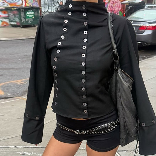 Women's Chic Buttons Cropped Shirt High Neck Solid Y2K Style Slim Fit Tops Grunge Streetwear Vintage Punk Fashion Causal Blouses