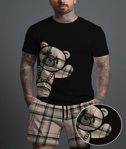 2025 Summer new men's suit 2-piece casual bear 3D printed plaid shorts summer comfort breathable lightweight men's suit new styl