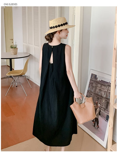 NYFS 2025 Summer New Korea Woman Dress Vestidos Robe Elbise Loose Plus Size Solid Sleeveless Backless Long Dress L-4XL