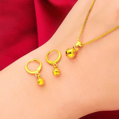 24K Gold AU999 Women's Thin Bead Earrings-Necklace Set-Polished Gold Beads in Arc, Thin Chain Flattering, Luxury Daily Versatile