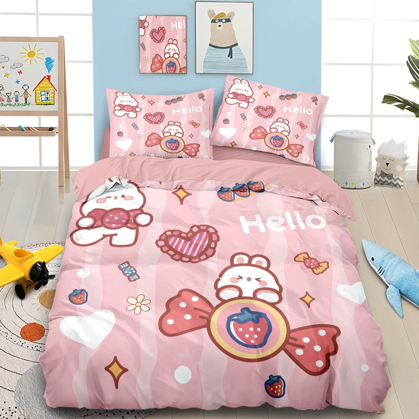 3PCS Cartoon Grid Rabbit Theme Series Bedding Set Full Size Kids,Rabbit Comforter Cover for Boys Girls Bedroom Decor