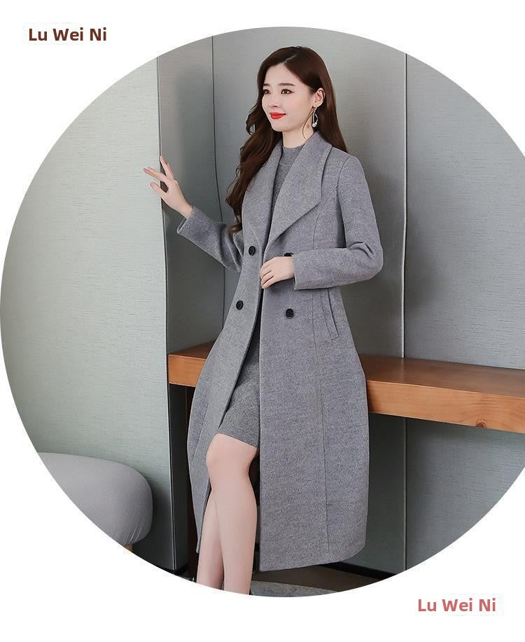 Plus Size Women's Overcoat Long Thickened Woolen Coat Long Collar Slim Fit Waist Cinched Outerwear Spring Autumn New Style Ho...