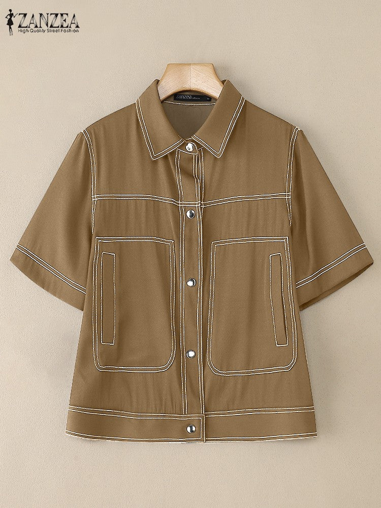 ZANZEA Women's Denim-Like Contrast-Stitch Shirts 2025 Fashion Turn-Down Collar Short Sleeve Button Up Shirt Streetwear Woman Top