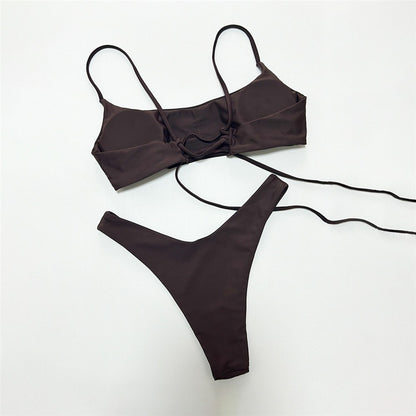 Brown Bandeau Micro Bikini Set Back String Lace-up Sexy Swimsuit Solid Swimwears Woman 2025 High Cut Bathing Suit Bikinis Femmes