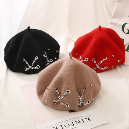 Fashion Winter Berets For Women girl Punk Rock Style Iron Rings Beret Caps Retro Wool Hats Black Woolen Painter Caps