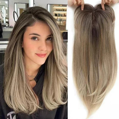 Peruca Feminina Longa Cacheada de Fibra Sintética com Touca Lisa, Cor Gradiente, Franja Dividida ao Meio, Cabelo Respirável para Crescimento Acelerado