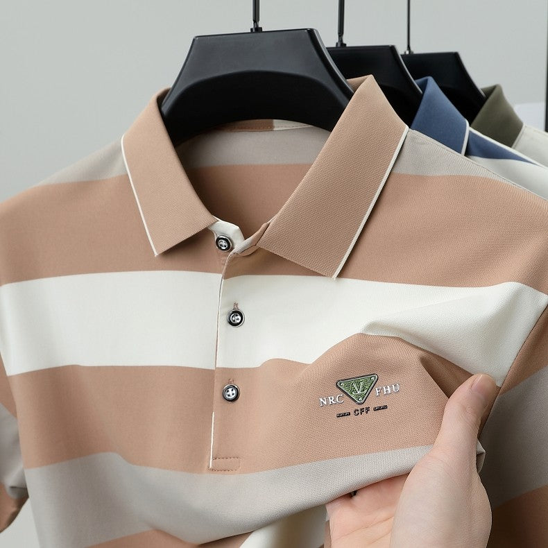 luxury wide stripe color blocked short sleeve polo shirt high-end brand letter embossed T-shirt fashion breathable men's wear
