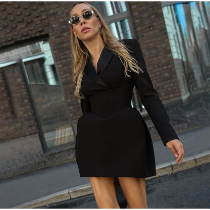 Fashion Solid Cinched-waist Mini Dress Women Elegant Lapel Full Sleeve V-neck A-line High Waist Dresses Lady Office Commute Gown
