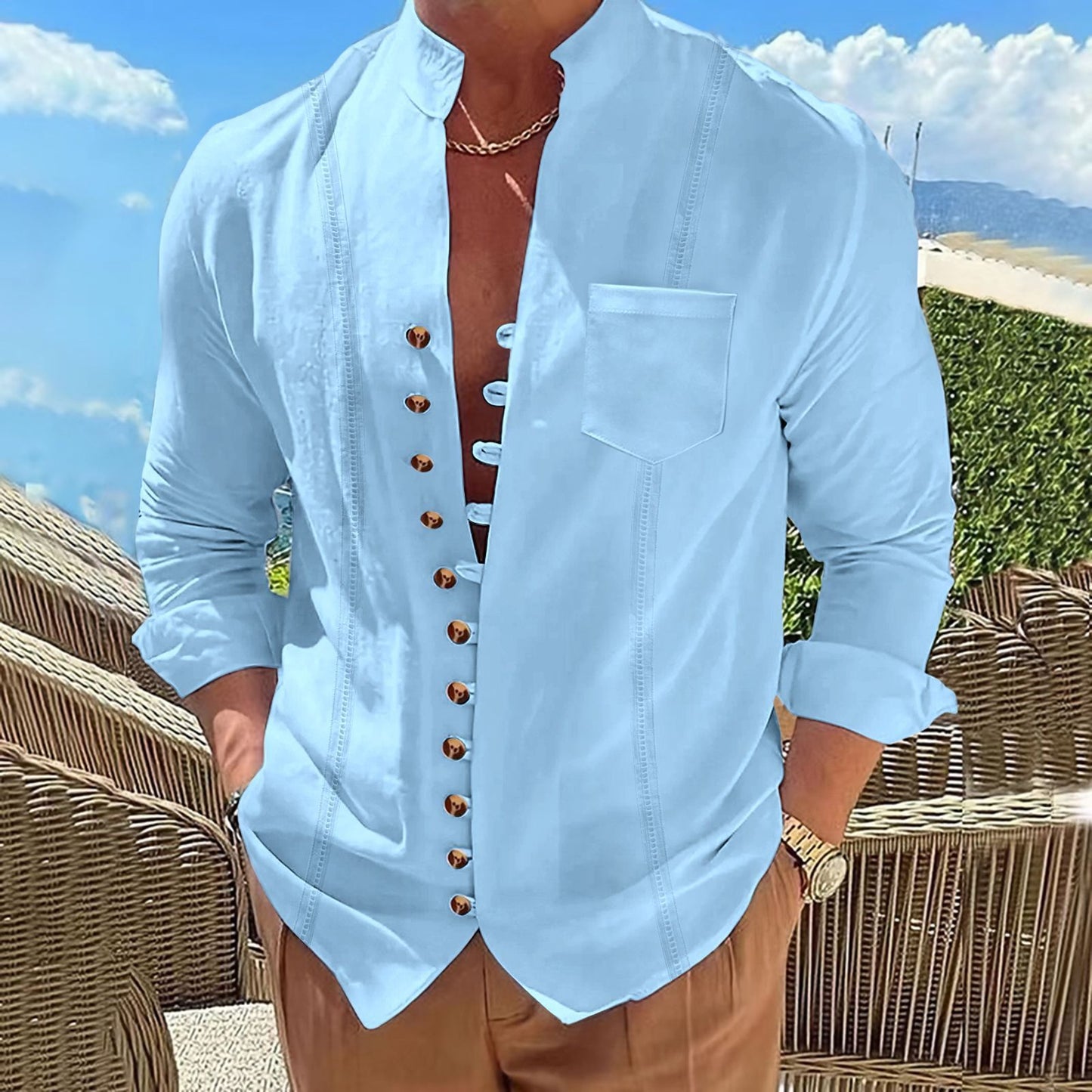 2025 Men's new cotton and linen pocket retro stand-up collar long-sleeved shirt Casual multi-button solid color striped cardigan