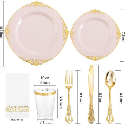 700PCS Pink Plastic Plates Pink and Gold Plates Luxury Pinks Plastic Dinnerware Set Include 200 Pinks Disposable Plates 300 Hea