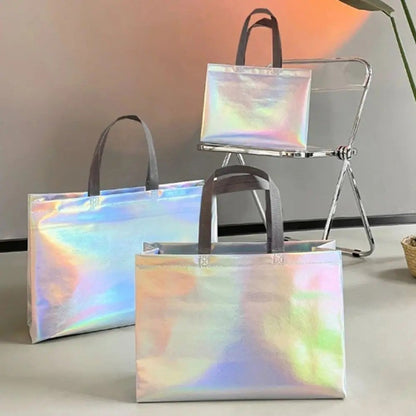 10Pcs Reusable Silver Laser Tote Bag Durable Non Woven Gift Shopping Bag for Wedding Bridesmaid Party Birthday Eco Friendly