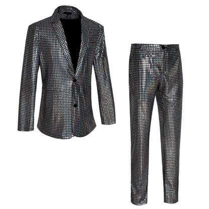 Men's New Cool Performance Set, Sequin Gold Stamping Business Casual Two-piece, One-row Two-button Slim-fit Blazer + Trousers