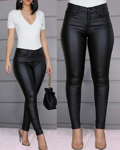 Solid color PU leather pants casual sexy pants