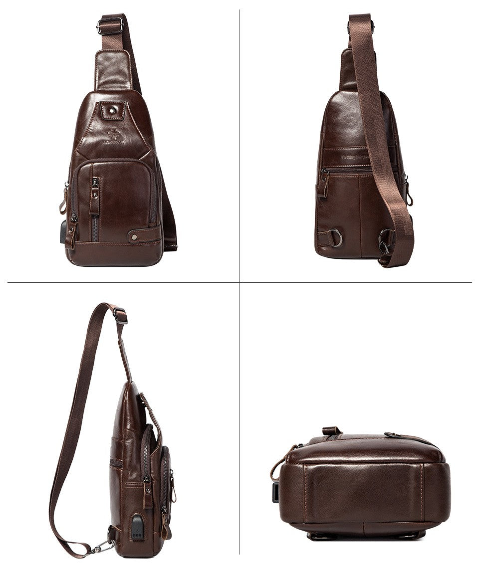 HUMERPAUL Men's Usb Chest Bag 100% Genuine Leather Crossbody Shoulder Bags Multifunction Travel Outdoor Messenger Pack Fashion