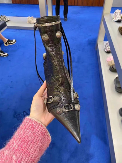 Autumn Winter Women Ankle Boots Sexy Pointed Toe Pole Dance High Heels Pumps Fashion Zip Rivet Chelsea Thin Shoes Female D171