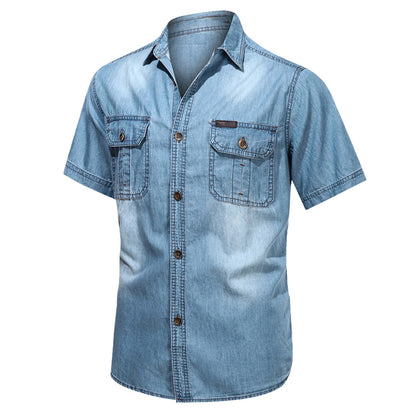 Men's Vintage Denim Cargo Shirts Summer Solid Short Sleeve Lapel Neck Multi Pockets Button Down Thin Casual Temperament Tops