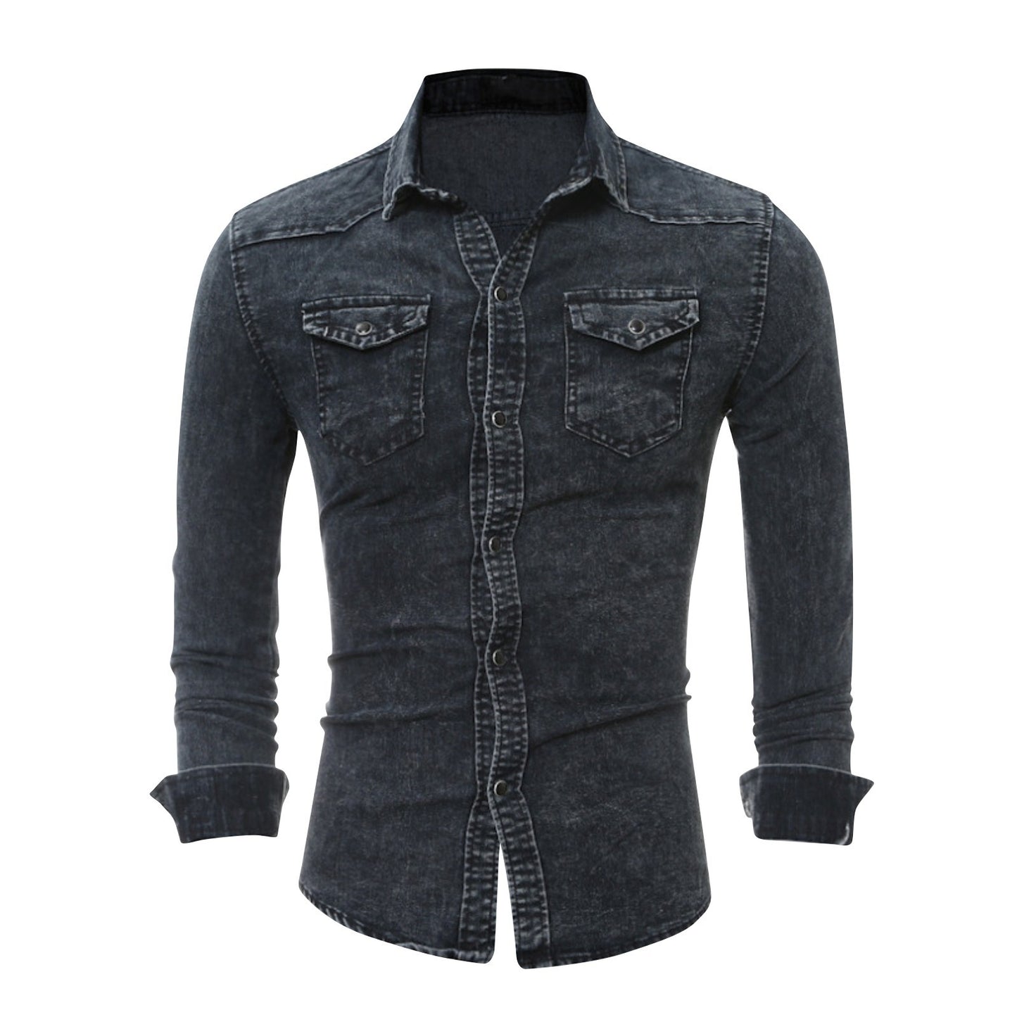 Men'S Autumn Fashion Clothing Casual Fashion Long Sleeve Lapel Shirts Solid Color Denim Washed Shirt Men'S Tops