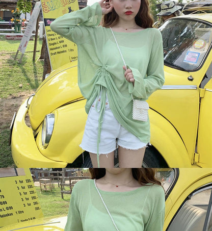 Women's 2025 Women's Summer New Beach Long sleeved Sunscreen Jacket Loose Hoodie Drawstring Upward Shirt