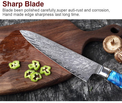 XITUO Kitchen Knives Set Damascus Steel VG10 Chef Knife Cleaver Paring Bread Knife Blue Resin Stabilised Wood Handle 1-7PCS set