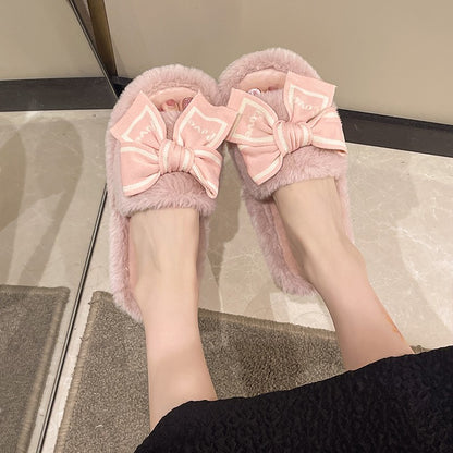 Casual Fluffy Slippers Women House Flats Fashion Winter Bowknot Love Designer Shoes Ladies Home Plush Platform Elegant Footwear
