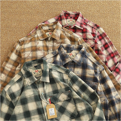 Autumn New Japanese Retro Long-Sleeve Lapel Plaid Cargo Shirt Men's Simple 100% Cotton Washed Pocket Casual Blouses Thin Coat