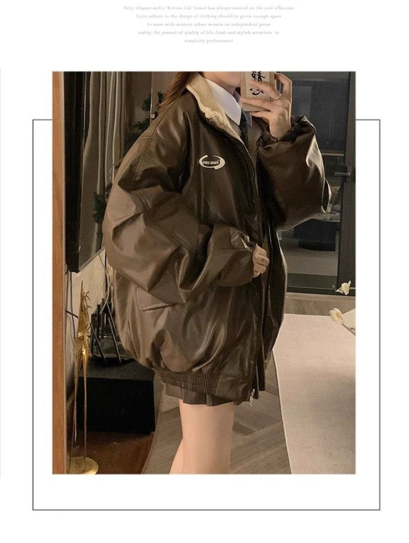 Maillard Fashion PU Leather Jacket With Lambswool Coat Both Sides Female Y2K Winter New Velvet Locomotive Cotton-padded Jacket