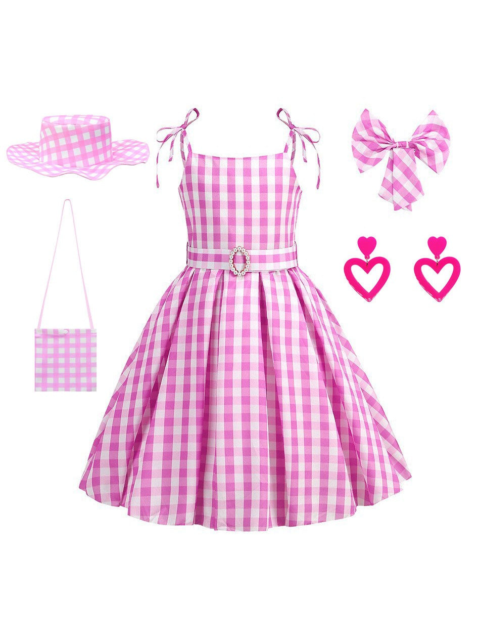 Halloween Hot Movie Margot Robbie Cosplay Baby Pink Plaid Sleeveless Slim Strap Dress Western Cowboy Outfit Full Set