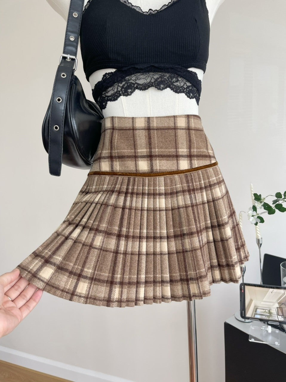 Plaid Pleated Mini Skirt Thick Wool Short Skirt High Waist Box-pleat Miniskirt for Women Teen-girl Preppy Style Outfit