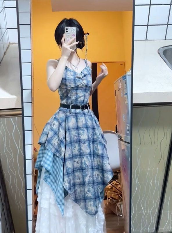 Watercolor Gingham Slip Dress Women 2025 Summer Sweetheart Aesthetic Asymmetric Tie Waist A Line Dreamcore Romance