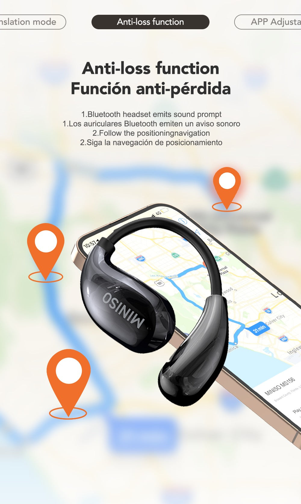 Miniso MS189 AI Translation Bluetooth Earphones Sports Wireless Headset LCD Color Touch Screen 8-Hour Battery Life Stereo Bass